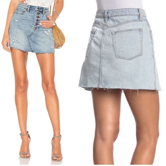 Free People X We the Free Montauk Button Fly Mini Distressed Denim Skirt 26 - Picture 1 of 12